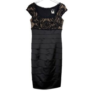 TADASHI SHOJI Black Lace Rosette Tiered Satin Cocktail MIDI Dress WOMEN 8
